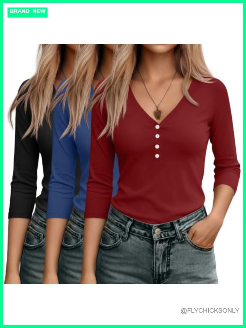 3 Pack Women's 3/4 Sleeve V Neck Henley Tunic Tops Polyester Cotton Spandex